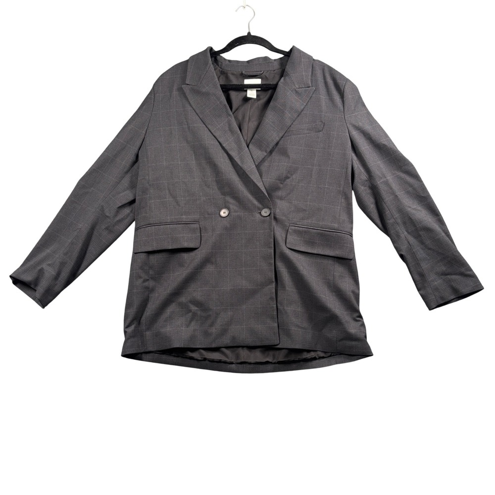 Oversized Plaid Blazer Gray‎ Double Breasted Office Siren Old Money H&M 14